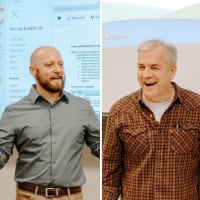 Greg Striimel and Bryan Hubbard learn they each received a 2023 Murphy Award, Purdue's highest undergraduate teaching honor, via surprise announcements in their classes. (Purdue University photos/Kelsey Lefever)