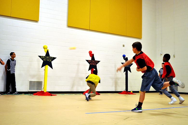 During their demonstration, the red team of the Sunnyside Broncho Attack team tries to knock balls off of the opposing teams’ poles. Sensors are attached to each pole to verify when a ball is knocked off and to keep track of how many times it occurs.