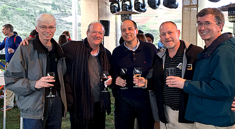 Toasting the Purdue-UTEC partnership during the UTEC campus inauguration, Dec. 29, 2014, were Gary Bertoline, dean of the College of Technology at Purdue University; Eduardo Hochschild, founder of the UTEC; Carlos Hereen, CEO of UTEC; Robert Cox, associate dean for globalization in the College of Technology at Purdue University; Mike Brzezinski, dean of international programs at Purdue University. (Courtesy photo)
