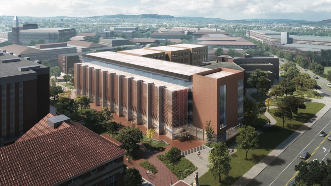 An aerial view from the southeast of the Gateway Complex. Knoy Hall is visible behind the new building, with Grant Street in the lower right. (Rendering is subject to change.)