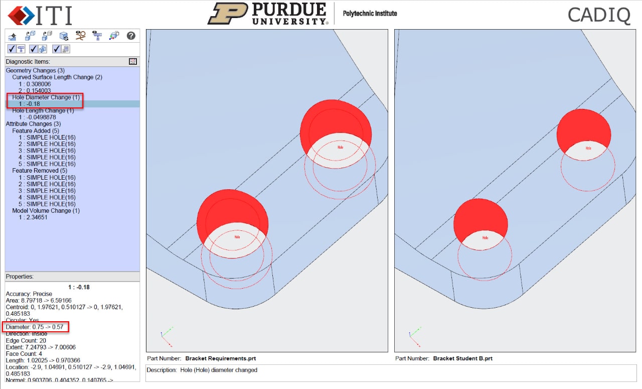 CADIQ software highlights the differences in the 3D product models that students create compared to the models they were assigned to replicate.