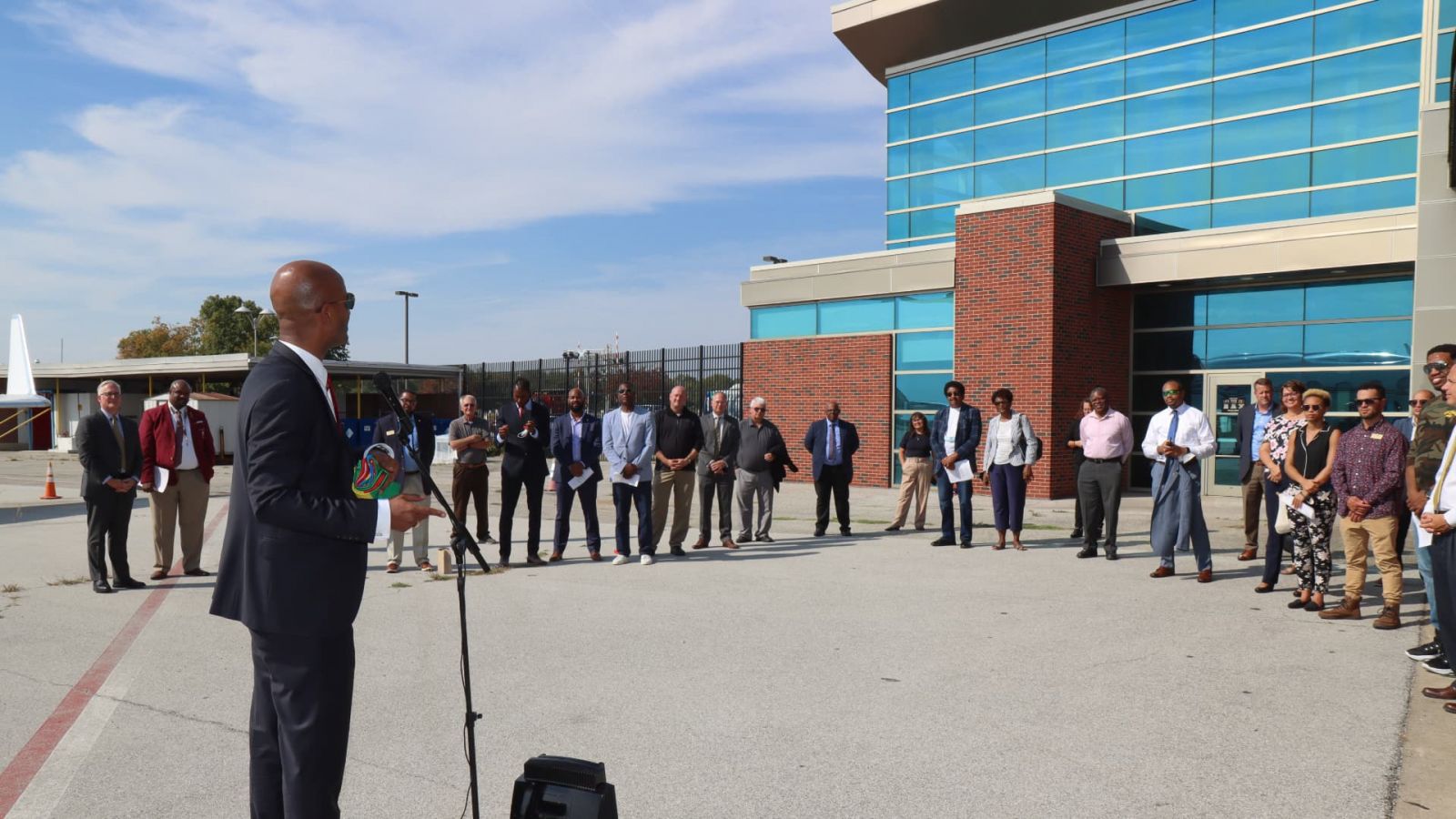 At the Purdue University Airport, Dawit Lemma, founder and CEO of Krimson Aviation, discusses why he decided to fund a scholarship for minority groups under-represented in aviation. (Purdue University photo/John O'Malley) (Download full-size photo in the Media Kit, below.)