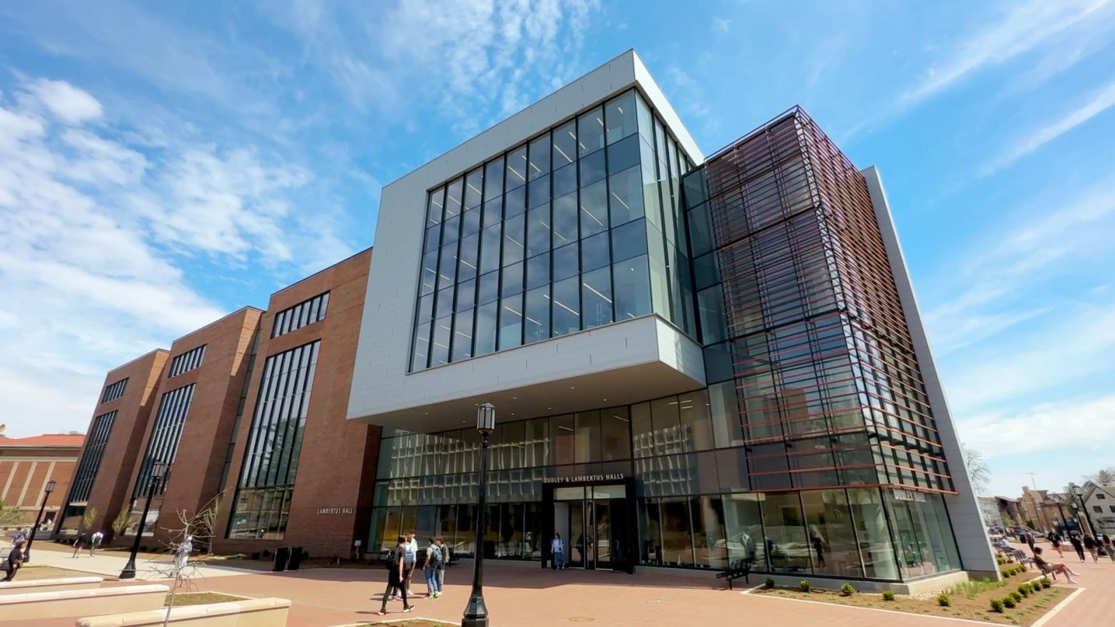 Dudley and Lambertus Halls on the day of their dedication, spring semester 2023. (Purdue University photo/John O'Malley)