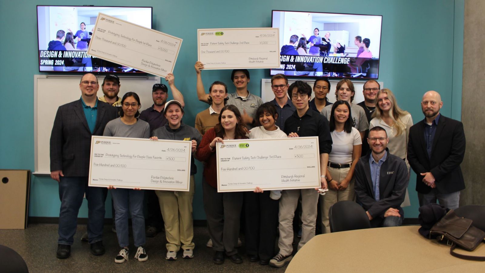Winning students gathered at the Design and Innovation Challenge. (Purdue University photo/Nick Pompella)