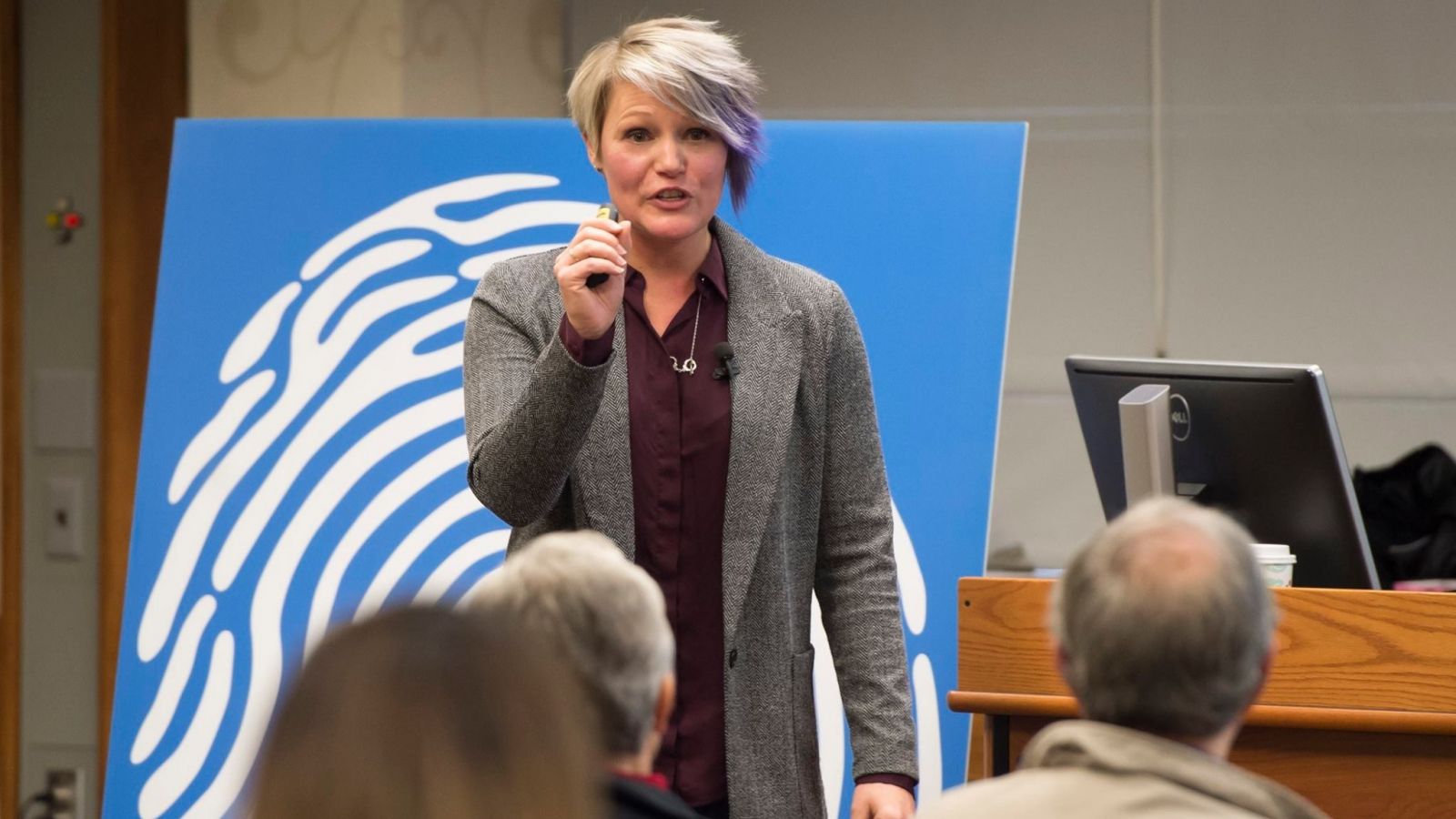 Kathryn Seigfried-Spellar presenting at Purdue's 2018 "Dawn or Doom?" event. (Purdue University photo/Mark Simons)