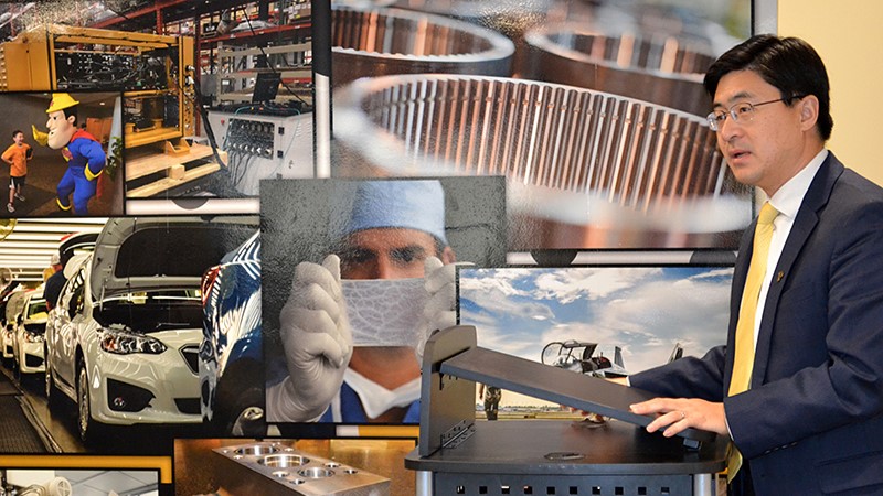 Purdue President Mung Chiang, pictured at a meeting of Indiana's READI program, says Greater Lafayette is poised to become a driver in the region’s promising burgeoning semiconductor industry. (Purdue University photo/Phillip Fiorini)