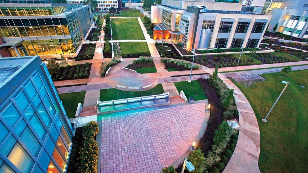 An aerial view of the Discovery Park district, a new technology hub connected to campus. (Purdue University file photo)