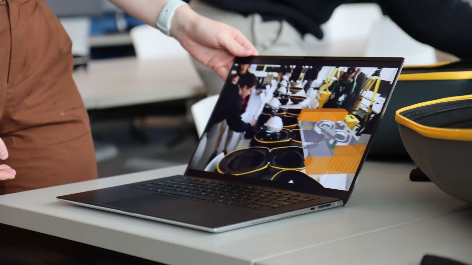 Jones demonstrates how a 3D model can be examined in real space using Trimble's software combined with a Hololens. (Purdue University photo/Zach Rodimel)