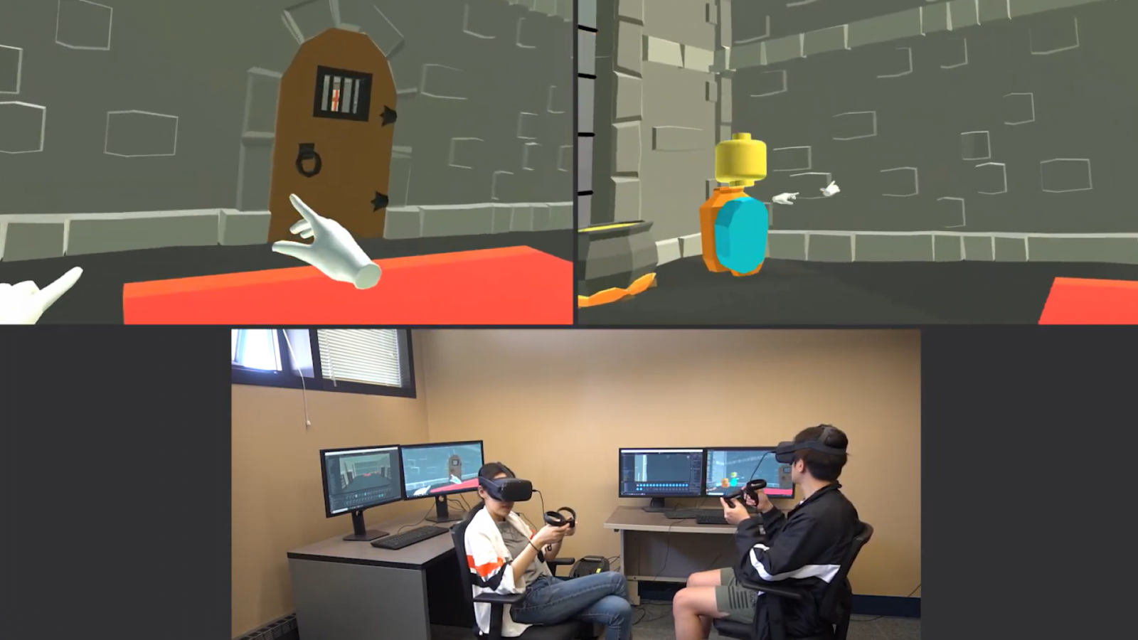 Students work together in a multiplayer VR game. Data from these playthroughs was used to train an AI's ability to build new levels at appropriate levels of collaboration. (Photo provided)