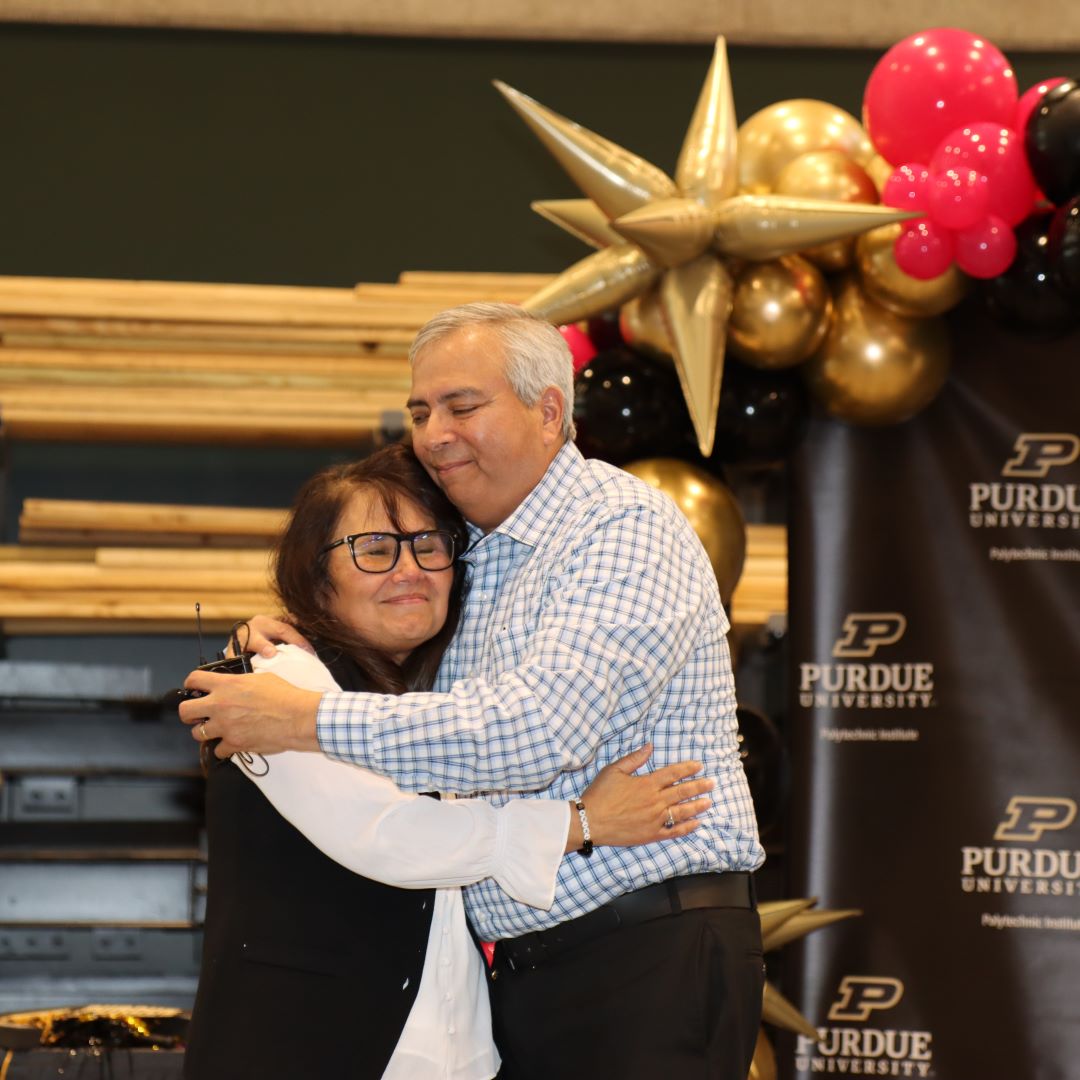 Toni and her husband Ralph at her May 9 retirement celebration. (Purdue University photo/John O'Malley)