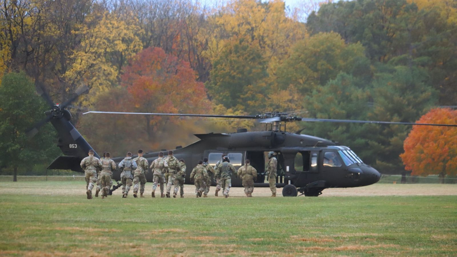Friday, October 25: Army ROTC cadets approach the helicopter. (Purdue University photo/John O'Malley)