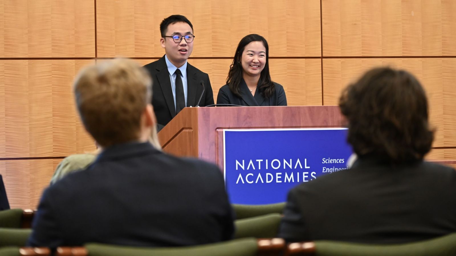 Sun and Jin present during the ACRP design competition. (Photo provided: Virginia Space Grant Consortium)