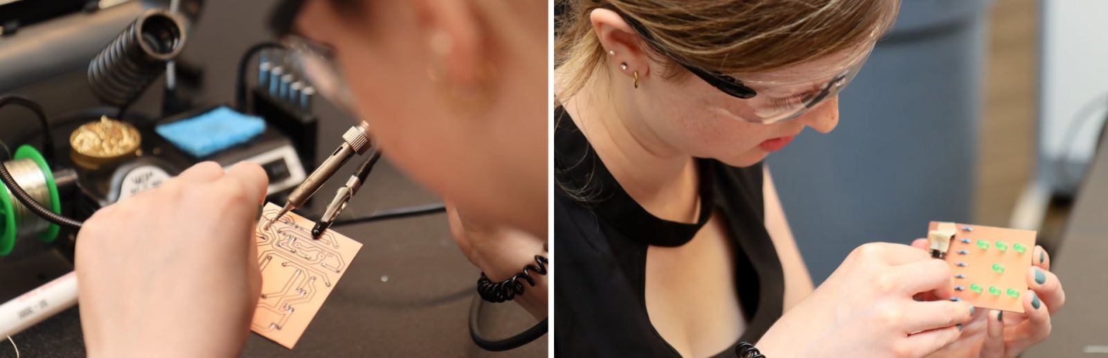 Amiah Clevenger, a junior in Purdue Polytechnic’s Engineering Technology Teacher Education major, solders and refines a circuit board during the SCALE K-12 workshop. (Purdue University photo/John O’Malley)